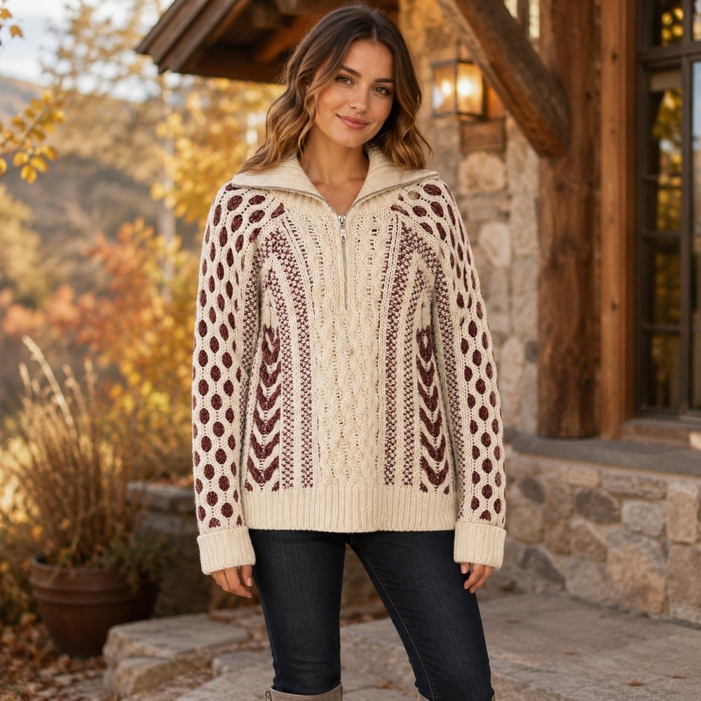 Pilcro Womens XS Chunky Cable Knit Quarter Zip Sweater Cream Burgundy Wool Blend
